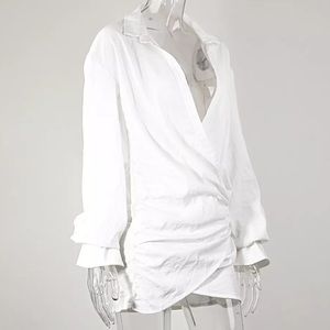 Naha Draped Sexy Mini Shirt Wrap Ruched Dress, White Faux Wrap Mini Shirtdress